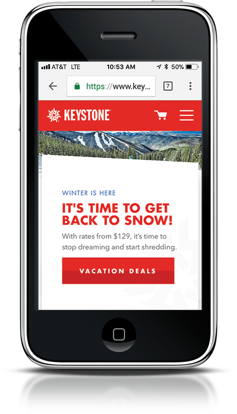 Keystone mobile homepage with vacation deals